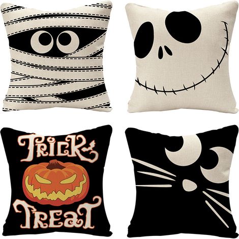 Sets Halloween-Kissenbezüge, Halloween-Sofakissenbezüge aus Leinen mit Kürbishausmotiv (45x45 cm)