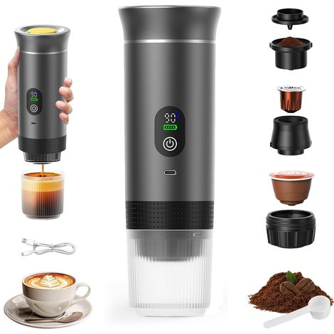 Machine à café portable 3 en 1 – rechargeable 12V – compatible capsules et moulu – chauffage 3 min – camping voyage – Gris (1/5)