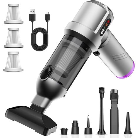 25000Pa Aspirateur à Main sans Fil, 4 en 1 Portable Aspirateur Voiture, avec Vidange Automatique 1 Bouton, Rechargeable Puissant Aspirateur pour Voiture, Maison, Animaux de Compagnie (Argent) (1/5)