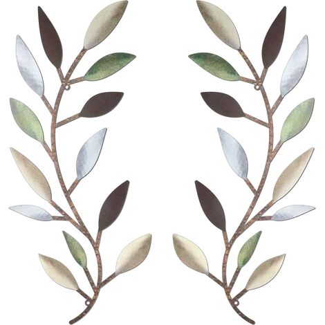 Juego de 2 adornos de pared de metal que representan hojas de árboles y ramas de olivo, para salón, pasillo o decoración exterior (multicolor)