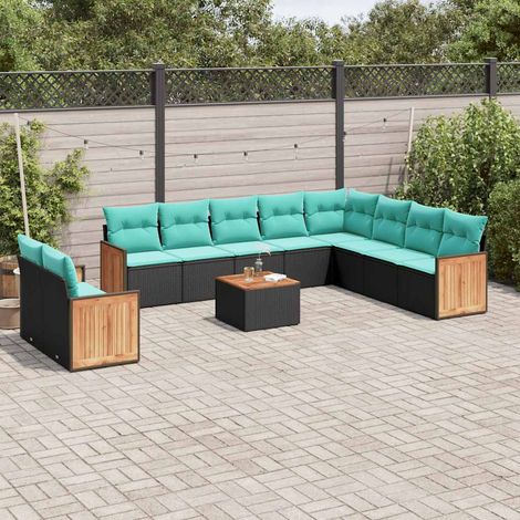 Salon de jardin modulable 11 pièces en résine tressée noire, coussins bleus, 92.2kg - PANGIVO (1/5)