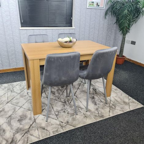 Dining Table and 4 Chairs Oak Effect Wood 4 Grey Velvet Chairs Dining Room (1/5)