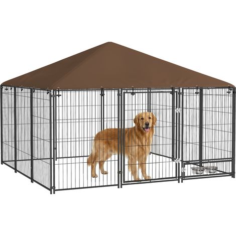 Parc chien métal tissu Oxford porte gamelle 211 x 211 x 151 cm noir marron enclos pour chien spacieux et sécurisé adapté intérieur et extérieur