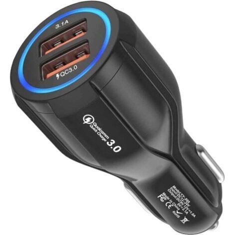 Caricabatterie USB per auto, 2 porte, ricarica rapida Quick Charge 3.0, presa accendisigari, compatibile con iPhone, iPad, Samsung Galaxy S10/S9/S8, Huawei, Xiaomi, nero. (1/4)