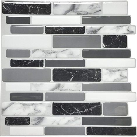 10 Pièces,Carrelage Adhésif Noir et Gris avec Motif Marbre,Crédence Cuisine en Vinyle Effet Mosaïque, 30x 30cm (1/5)
