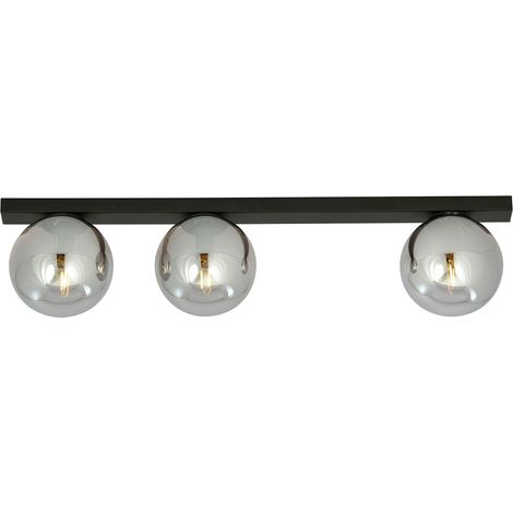 Plafoniera Moderna 3 Luci Fit Barra In Acciaio Nero E Sfere Di Vetro Fumè (1/5)