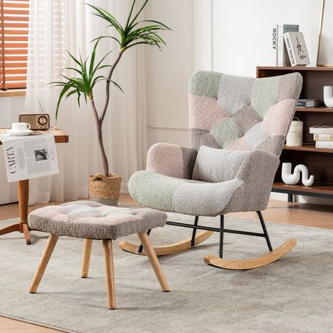 Fauteuil berçant coloré confortable 93cm - Siège 43cm avec repose-pieds et coussin lombaire - Structure bois caoutchouc stable - Design multicolore - Idéal salon, chambre ou balcon (1/5)