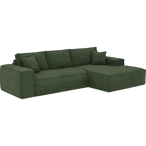 Canapé d'angle droit convertible express en velours côtelé vert sapin - Couchage 140 cm - Matelas 13 cm avec mémoire de forme - AMELIA (1/4)