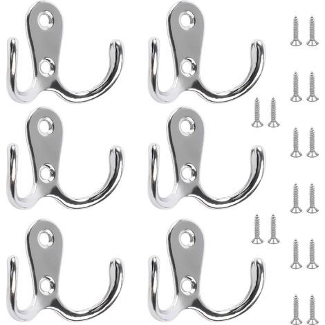 HONORNIC - Lot de 6 patères doubles chromées avec 12 vis, pour suspendre chapeaux, cravates, vêtements et serviettes. Style rétro. (1/5)