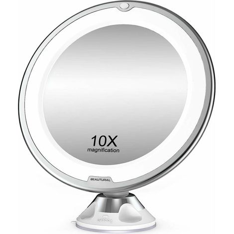 Miroir De Maquillage - Grossissant 10x - LED Blanc Jour - Rotation 360° Avec Blocage - Ventouse Intégrée - Portable - Alimentation Par 3 Piles AAA (1/5)
