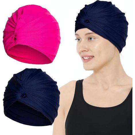 Bonnet de bain 2 en 1 pour femmes, élastique réglable, bonnet de bain plissé antidérapant et confortable, pour cheveux longs et courts, plage, salle de bain et spa (1/5)