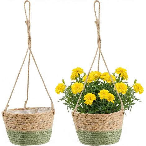 2 pièce Suspendu Panier Tissé, Suspendu Paniers de Fleurs Tissés, Panier de Jardinière Suspendu, Pot de Fleurs Tissé Intérieur Extérieur, Avec Doublure en Plastique, pour Maison Salon et Chambre (1/5)