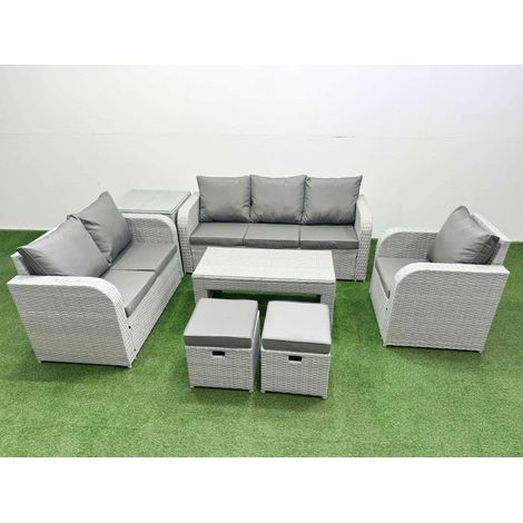 Fimous Patio PE Wicker 8 Seater Outdoor Rattan Furniture Sofa Sets with Oblong Coffee Table Reclining Chair Loveseat Sofa 3 Seater Sofa Stool Side Table Light Grey (1/4)
