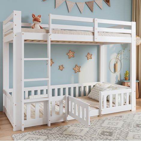 DESVIAE Lit mezzanine enfant avec escalier d angle garde corps et porte en bois massif blanc 90 x 200 cm (1/5)