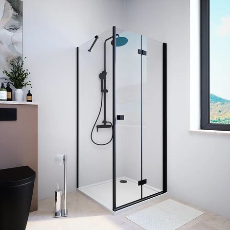 Cabine de douche 90x80 cm avec ouverture à livre côté droit et paroi fixe profilés noir mat et verre transparent 8 mm h195 Fiji (1/3)