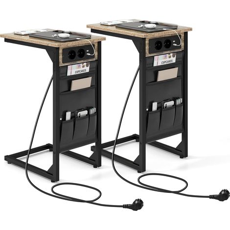 COSTWAY Set di 2 Tavolini a Forma di C, Tavolino da Divano e Letto in Metallo con 2 Prese Elettriche, 2 Porte USB e Tasca Laterale, Comodino per Piccoli Spazi, Salotto e Camera da Letto (1/5)