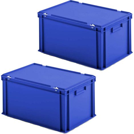 BRB Lot de 2 boîtes Euro avec couvercle à charnière - 600 x 400 x 330 mm - En polypropylène - Qualité alimentaire - Bleu