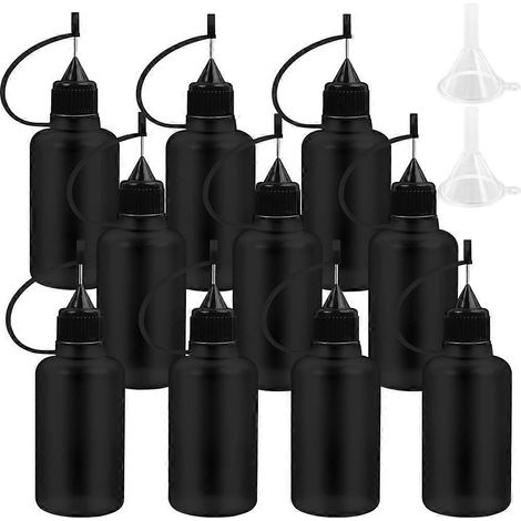 Lot de 10 flacons applicateurs de 30 ml avec embout, comprenant 2 entonnoirs, pour colle, liquides, huiles, loisirs créatifs, etc. Noir (1/5)