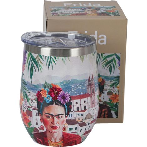 Tazza termica rossa con immagine di Frida Kahlo, stile messicano.