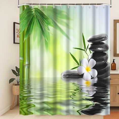 Rideau de Douche Spa Printemps Zen Méditation Jardin Rideau de Salle de Bain résistant à la moisissure Feuilles de Bambou Vertes Pierre Noire Rideau de Douche Orchidée Blanche 120x180cm (1/5)