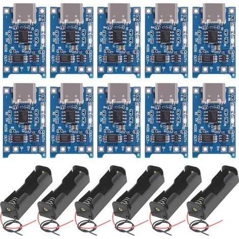 6 Pièces 3.7V 18650 Support de Batterie Boîtier en Plastique Boîte de Rangement avec Wire Leads + 10 Pièces Interface d'entrée de Type C USB 5V 1A 18650 Module de Chargeur de Batterie