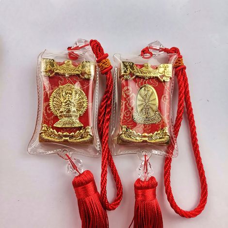 Pendentif voiture Mantra Grande Compassion, porte-bonheur bouddhiste, décoration rétroviseur, suspension rouge, amulette protectrice (1/5)