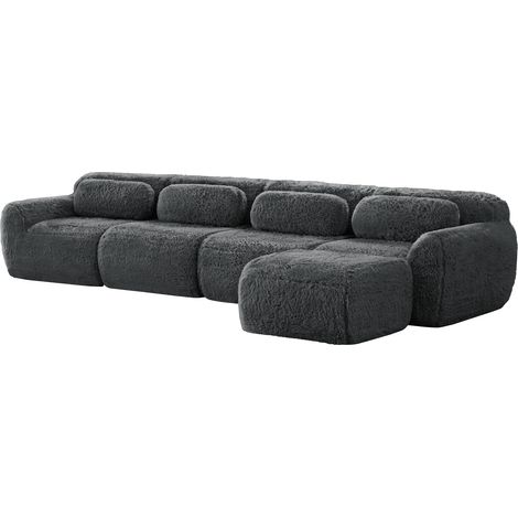 ELVMI Divano Angolare Modulare 4 Posti con Chaise Longue e Cuscini, senza Montaggio, in Peluche, Grigio (1/5)