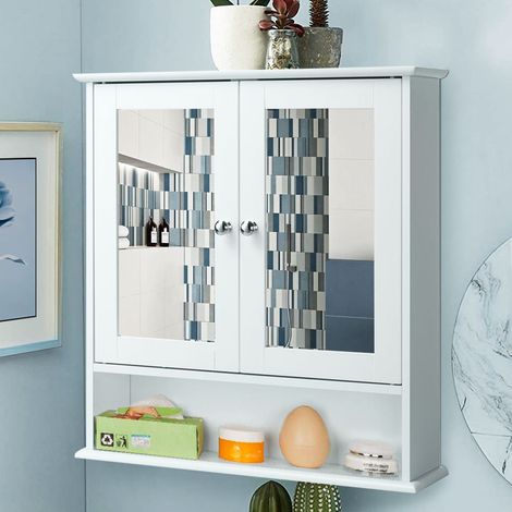 Mobiletto Specchiera Pensile Parete Bagno Armadietto con Specchio Legno 2 Ante (1/5)