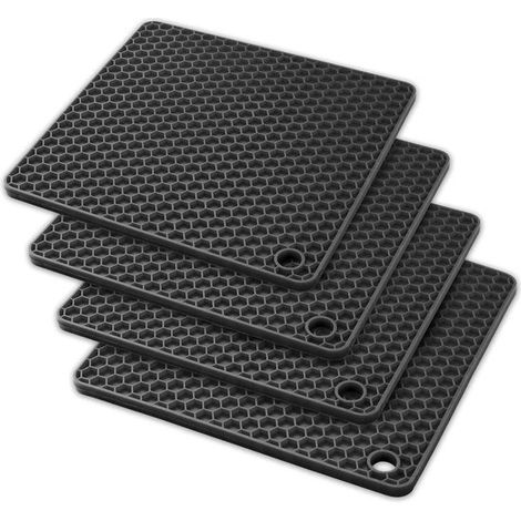 Lot de 4 dessous de plat en silicone résistant à la chaleur - Carrés - Noirs - Supports pour casseroles et poêles - Ouvre-pot - Aide à l'égouttage