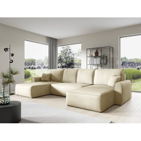 Canapé d'angle panoramique convertible LORIO en tissu aspect velours beige