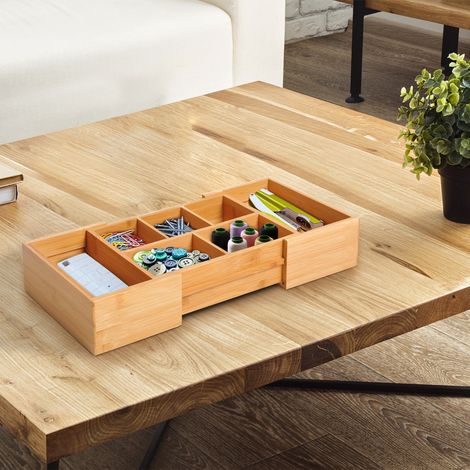 Ausziehbarer Schreibtisch-Organizer aus Bambus mit 5-7 Schubladen für Make-up, Büro und Arbeitszimmer, 24,6-41 x 17,6 x 7 cm, Natur (1/5)