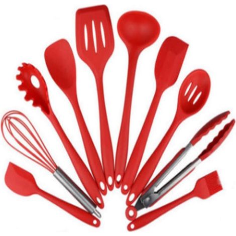 Lot de 10 ustensiles de cuisine en silicone antiadhésif résistant à la chaleur (rouge) (1/3)