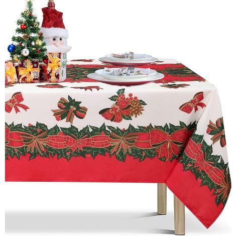 Nappe de Noël Rectangle 60x70 pouces Motif de ruban de houx Nappes de vacances lavables et résistantes aux plis pour la réunion de famille de Noël, table de salle à manger (1/5)
