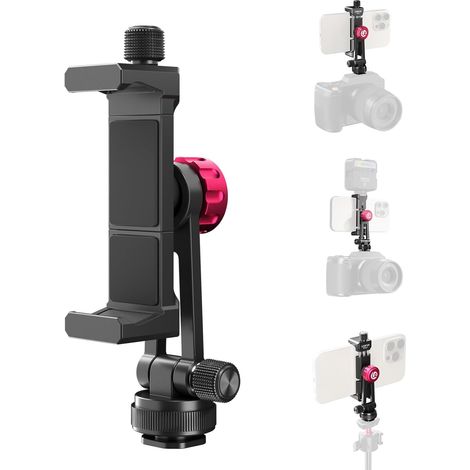 MA61 Metall-Stativadapter für Smartphones, Smartphone-Halterung aus Aluminium mit 2 Blitzschuhanschlüssen, 1/4"-Schraubgewinde, 360°-Drehung, kompatibel mit iPhone, Samsung, Huawei und Kameras (1/5)
