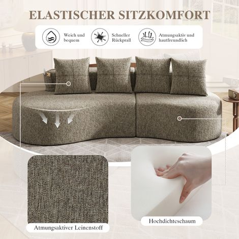 Canapé en lin avec 4 coussins, rembourrage en mousse haute densité + ressorts, porte-gobelet et poche latérale – design unique, confortable et respirant, idéal pour salon, chambre d'amis ou balcon. Ka (1/5)