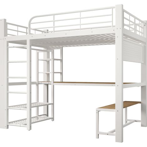 Lit mezzanine 140x200 cm en métal blanc avec bureau, rangements d'escalier et éclairage LED - HOMVRA (1/5)
