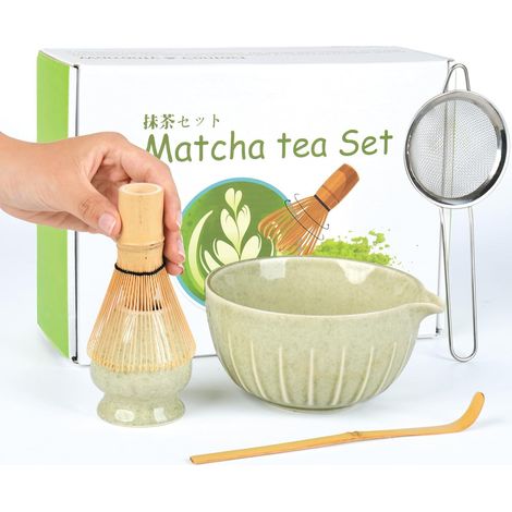 Kit Matcha Vert, Coffret 5 Pièces Complet avec Bol Céramique et Fouet en Bambou pour Préparation de Thé Matcha Traditionnel, Idéal pour Latte Maison, Desserts ou Cadeau Élégant (1/5)