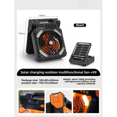 (Noir) Ventilateur de camping solaire avec lumière LED et batterie rechargeable, respectueux de l'environnement. (1/5)
