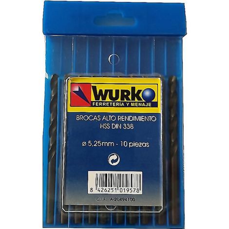 WURKO broca acero hss 5,25 mm afiladas caja 10 , Set de 10 brocas de acero HSS para metalGrosor de 5,25mmDIN 338NMango cilindrico.