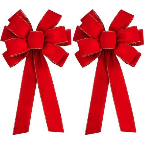 Lot de 2 grands nœuds de Noël - 50 x 27 cm - Bordure dorée en velours rouge - Décoration de sapin de Noël pour couronne de Noël (1/5)