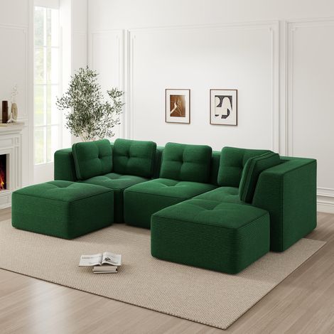 Modulares Ecksofa grün aus Cord mit tiefer Sitzfläche und Ottomane (1/5)