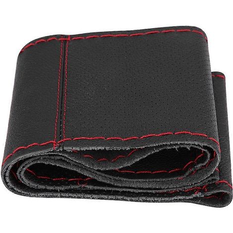 Housse de volant de voiture 37-38 cm en cuir de vachette avec perforation laser, universelle (Noir/Rouge) (1/5)