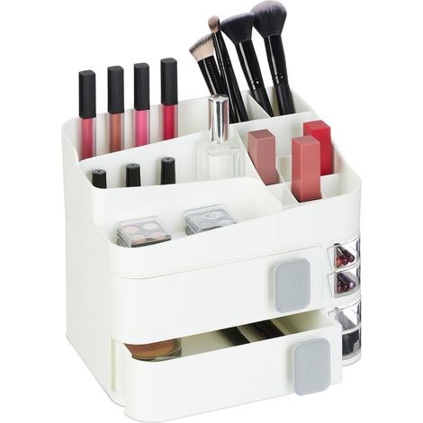 Relaxdays Organizer per Trucchi, Organizzatore Make Up con 21 Scomparti Cosmetici, in Plastica, 21,5x26x21 cm, Bianco (1/5)