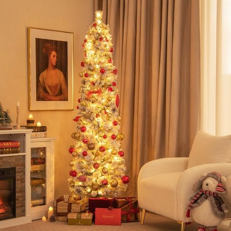 Pour une déco de fête chaleureuse, sapin de Noël enneigé 180 cm avec éclairage blanc chaud et base métal (1/5)