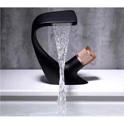 VURAHOME - Robinet de lavabo cascade, robinet de lavabo de luxe lumière chaude et froide (volant doré monotrou en cuivre noir) (1/4)
