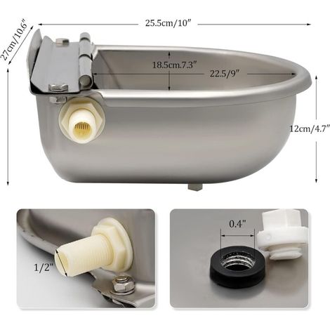 Abreuvoir à eau en acier inoxydable avec bouchon de vidange et valve à flotteur réglable pour cheval, chien, bétail, chèvre, mouton, cochon, abreuvoir automatique pour le bétail (1/3)