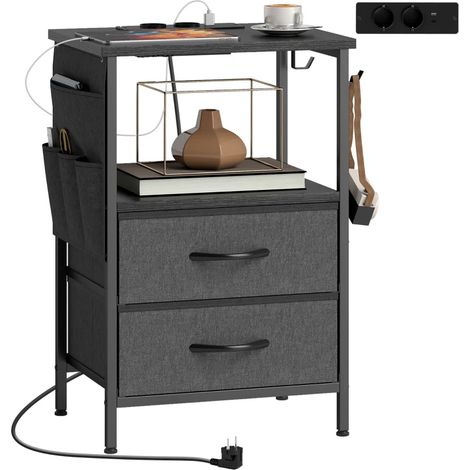 Table basse/table d'appoint avec station de charge, structure en acier, ports USB-C, tiroirs, crochets, 40 cm x 30 cm x 60 cm, noire (1/5)