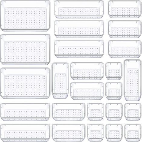 Lot de 25 Organisateurs de Tiroir, Rangement Tiroir en Plastique Transparent, Bacs de rangement avec 4 Tailles pour salle de bain, coiffeuse, Cuisine et Bureau (1/5)