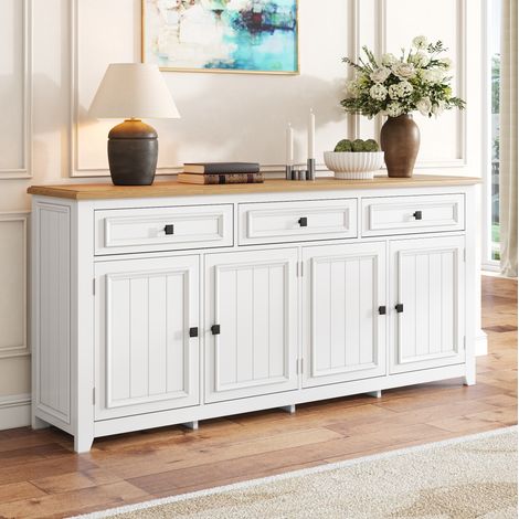Credenza in MDF bianca con top effetto legno, 160 x 35 x 76 cm, 3 cassetti, 4 ante, ripiani regolabili (1/5)