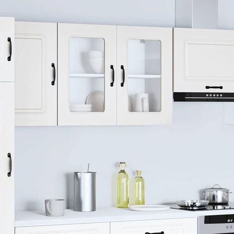 Placard mural de cuisine avec porte en verre blanc, armoire suspendue moderne pour rangement (1/5)